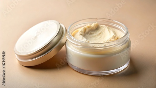 A jar of rich, creamy moisturizer with its lid slightly ajar, showcasing the luxurious texture of the cosmetic product on a neutral background