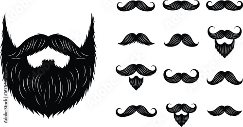 Facial hair silhouette collection with mustaches and beards, graphic black vector illustration of grooming styles and male fashion design