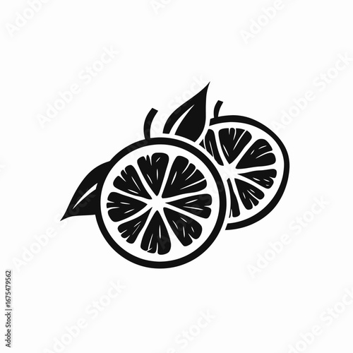 Juicy citrus halves and leaves create a striking black silhouette.
