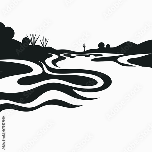 Abstract river landscape reflecting mountain range in monochrome vector art silhouette