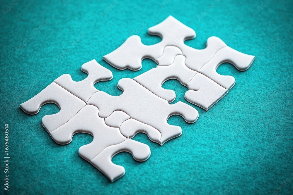 Obraz premium Close-up of white interlocking puzzle pieces partially assembled on a blue textured surface symbolizing problem solving and connection