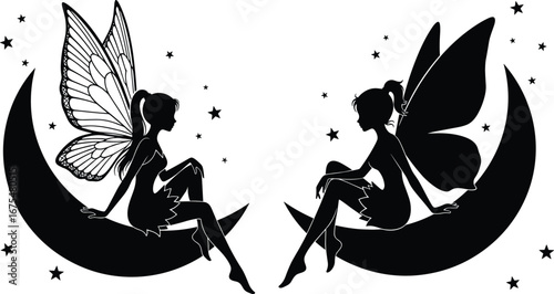 Silhouette fairies sitting on crescent moons, magical fantasy art, symmetrical celestial illustration with stars, whimsical mythical vector design