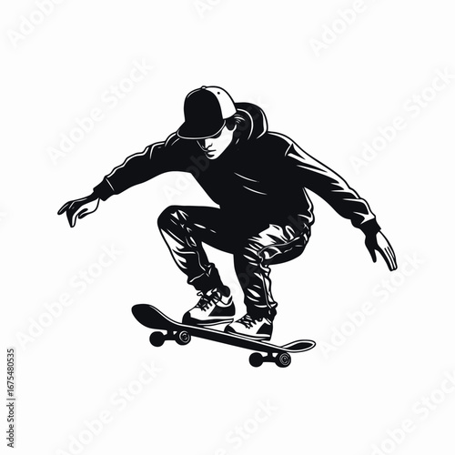 Dynamic skateboarder poised mid air, capturing urban street style silhouette