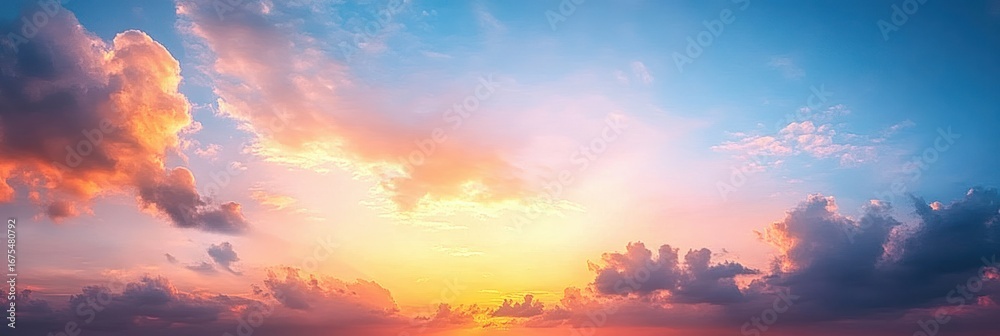Obraz premium Colorful sunset sky with bright orange, pink, and blue hues and scattered dark clouds creating a dramatic and peaceful atmosphere