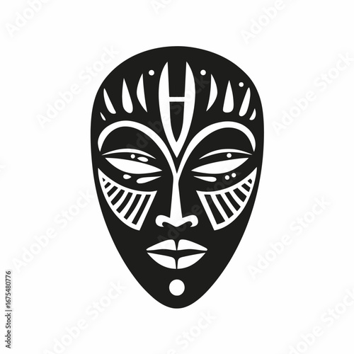 Striking tribal mask design showcased as a bold, black silhouette
