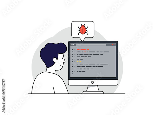 Flat vector illustration developer debugging website error with simple symbol