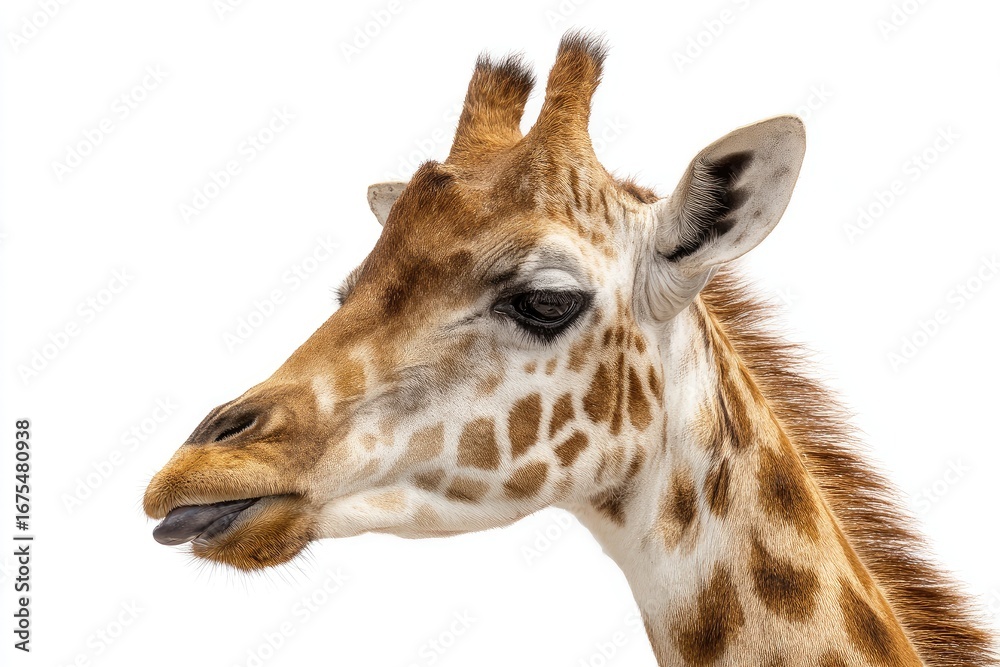 Fototapeta premium Close-up profile of a giraffe's head and neck against white