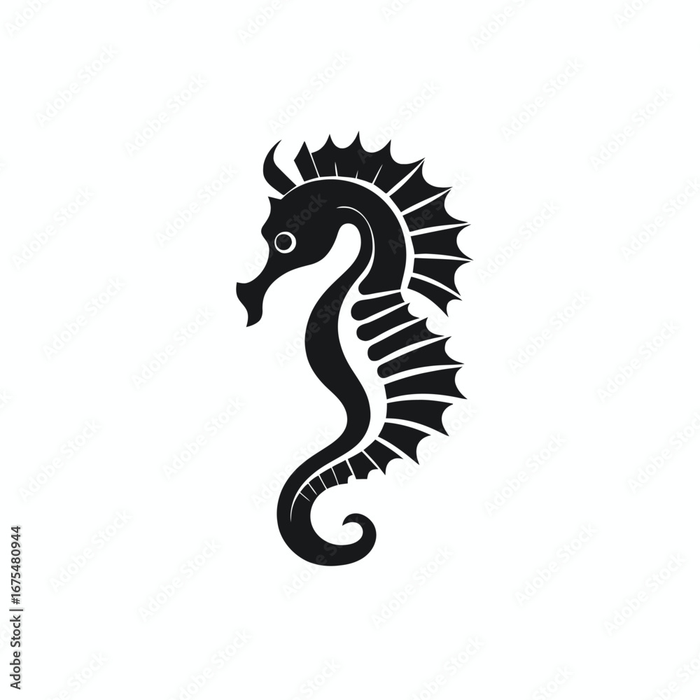 Fototapeta premium Elegant seahorse illustration of ocean creature in black and white silhouette