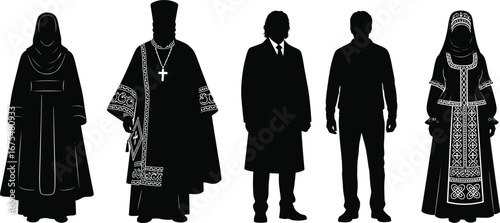 Silhouette illustration of five diverse figures in traditional and modern clothing, showcasing cultural, religious, and fashion contrasts in attire