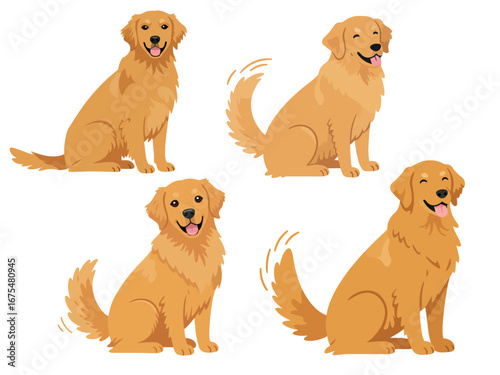 Golden retriever dog sitting happily wagging tail flat vector illustration