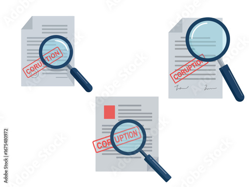 Magnifying glass over document with corruption stamp on it flat vector illustration