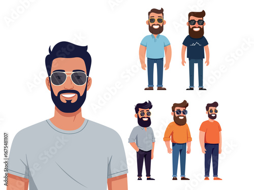 Smiling bearded man wearing stylish sunglasses standing confidently flat vector illustration