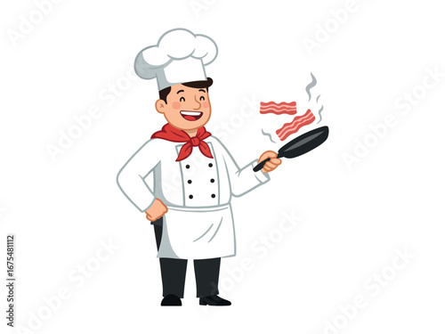 Smiling chef holding frying pan with sizzling bacon flat vector illustration