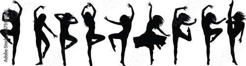 Silhouette set of ten dancers in expressive poses, black vector illustration showing movement, performance, flexibility, and artistic emotion