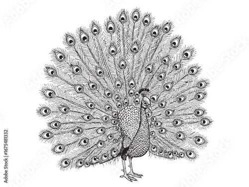 Vintage engraving of peacock showcasing decorative plumage with elegant stance in bold style