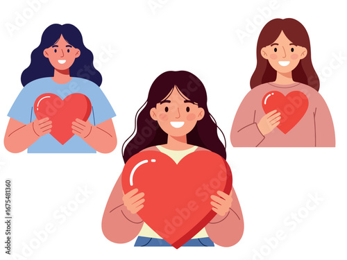 Young woman holding heart symbol donation flat vector illustration