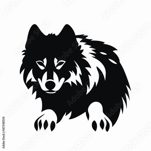Striking black and white illustration of a formidable wolf, stark silhouette