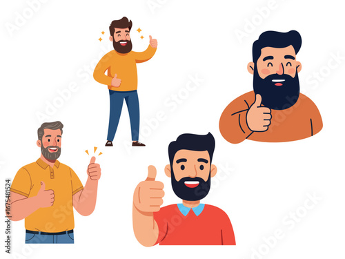 Bearded man celebrating with thumbs up gesture flat vector illustration