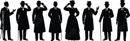Victorian-era silhouette group of men and woman in historical fashion, black vector illustration showing greeting posture and vintage attire