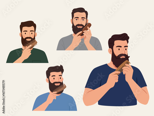 Bearded man combing beard with wooden brush flat vector illustration