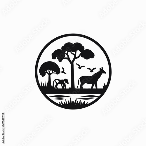 Minimalist African wildlife scene with horses and trees illustration silhouette