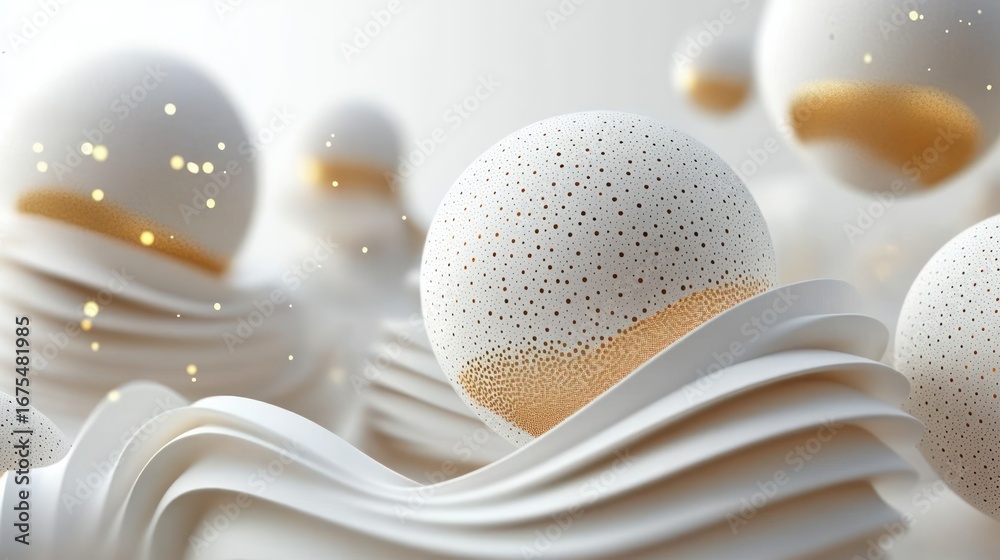Fototapeta premium Abstract white spheres with gold speckles floating above smooth, flowing white waves, evoking a calm and futuristic atmosphere