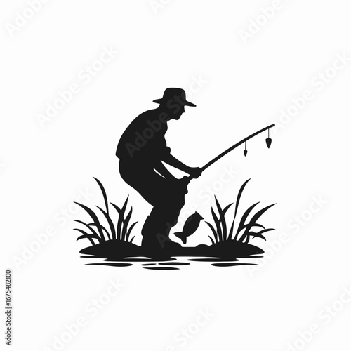Fisherman casting rod in grassy water catches fish with patience silhouette