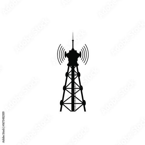 Black communication tower with signal waves broadcast