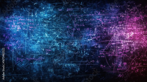 Abstract dark textured background with mathematical formulas and graphs in glowing blue and pink neon colors
