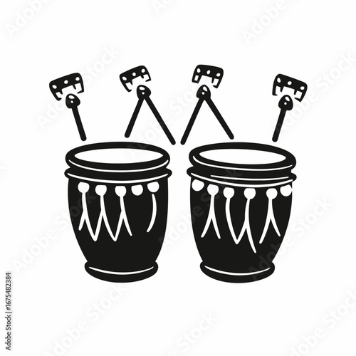 Two conga drums with mallets in a simplistic graphic silhouette