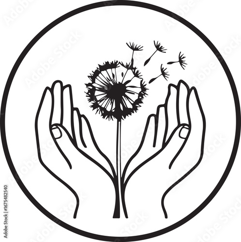 Silhouette of flower held by hand on white background	
