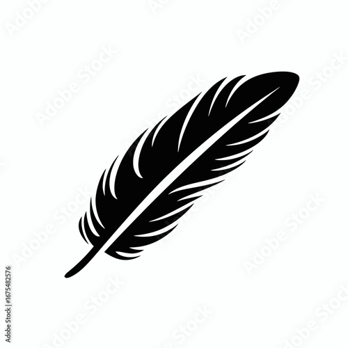 Graceful black feather design isolated against white backdrop showing elegant silhouette