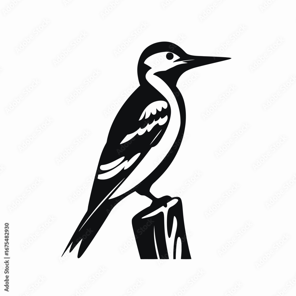 Obraz premium Isolated black woodpecker perched atop a wooden post, bird wildlife silhouette