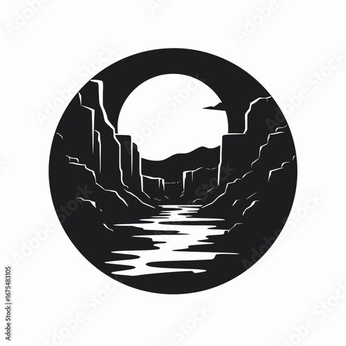 Grand canyon river and sun black and white vector landscape silhouette