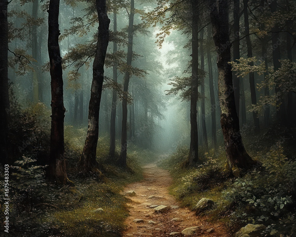Fototapeta premium A foggy forest scene with tall trees lining a narrow winding dirt path covered with scattered rocks, evoking a mysterious and tranquil atmosphere
