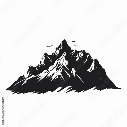 Majestic mountain range rendered in simplistic black and white mountain silhouette