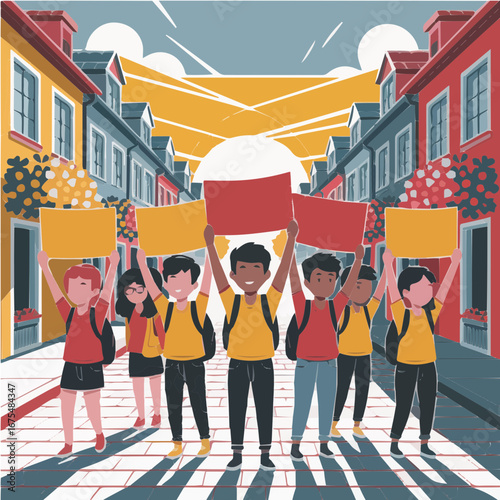 Youthful determination shines as a diverse group of children participates in a vibrant street march, holding signs high to advocate for a better tomorrow