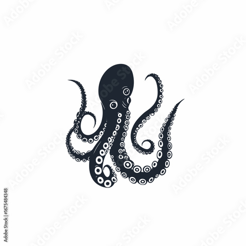 Graphic octopus illustration with suckers and tentacles, a dark creature silhouette