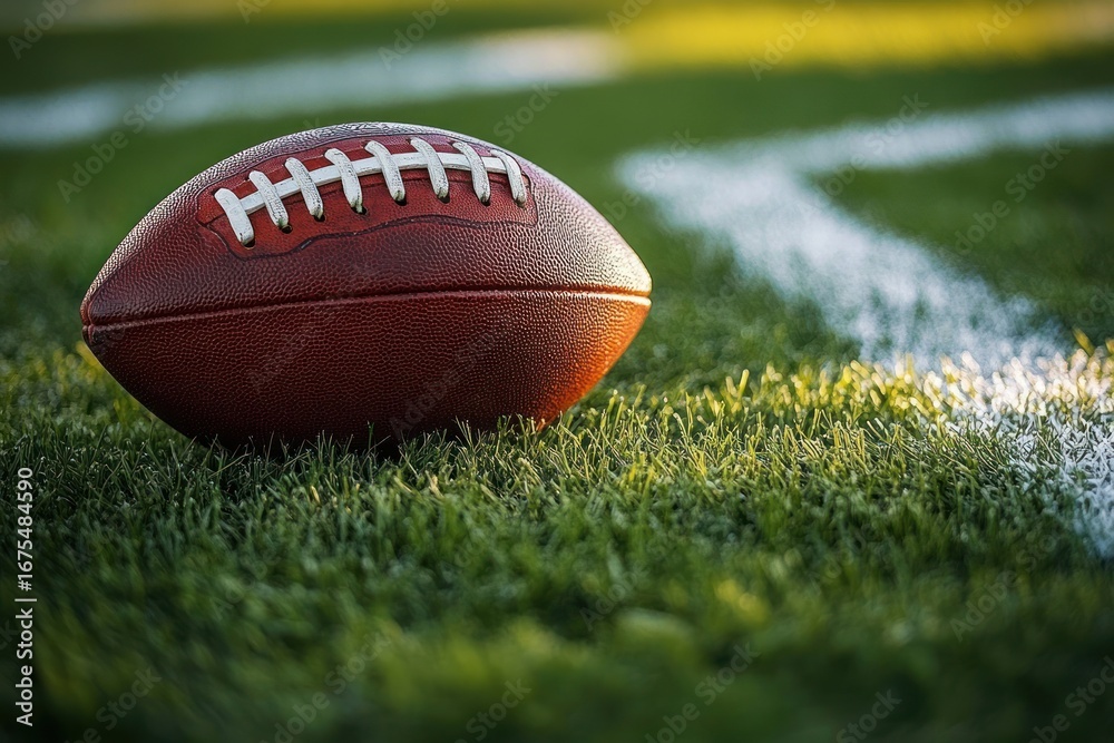 Obraz premium Close-up of an American football resting on green grass near a white yard line on a sunlit field