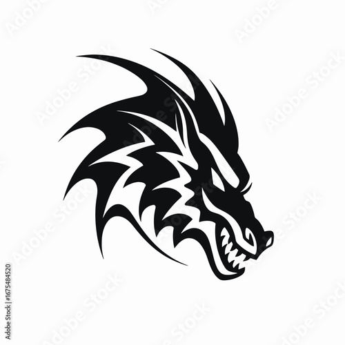 Fierce black dragon head with detailed sharp teeth vector silhouette