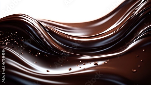 Smooth flowing waves of dark glossy liquid chocolate with scattered droplets creating a rich and indulgent texture under soft lighting