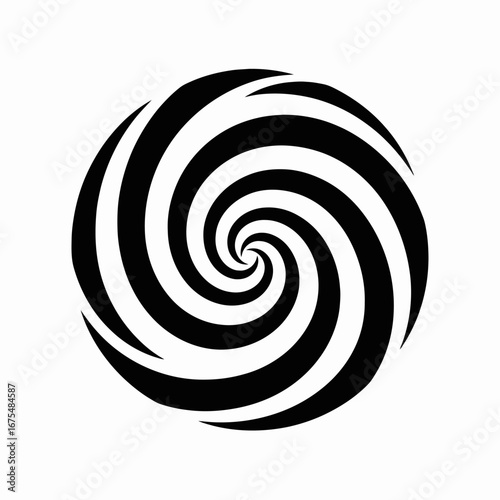 Striking circular black and white hypnotic optical spiral design silhouette