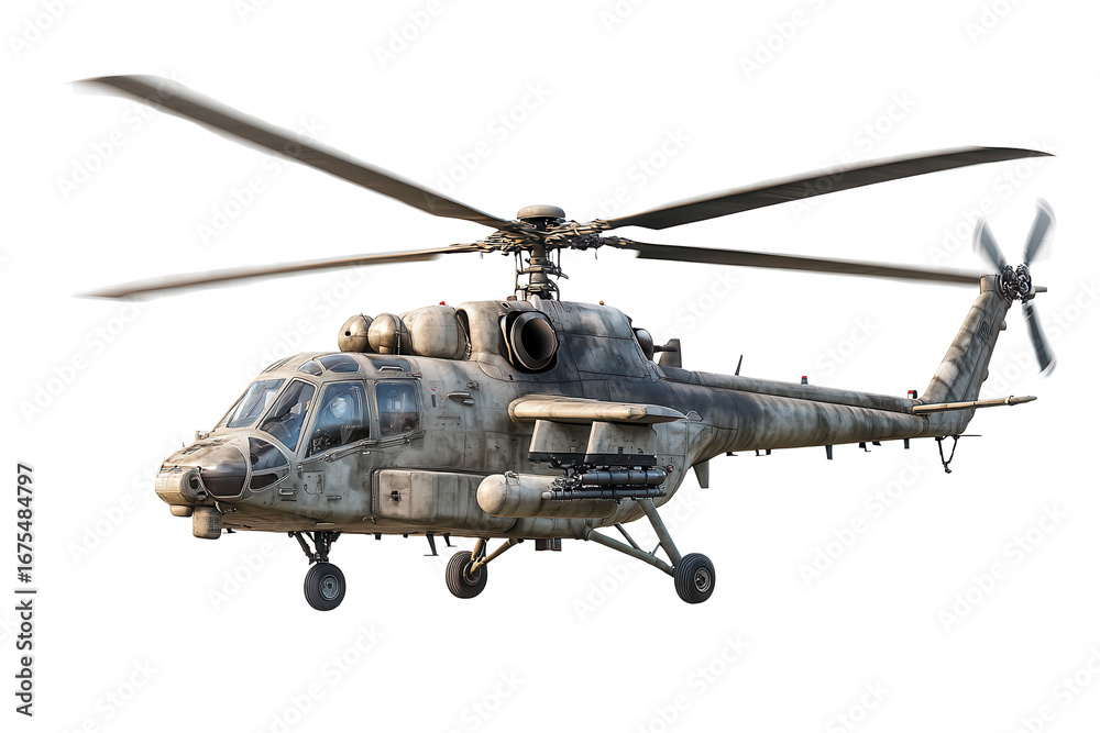 Fototapeta premium Military helicopter in flight showcasing rotor blades against a clear sky, emphasizing its tactical capabilities and rugged design during training exercises