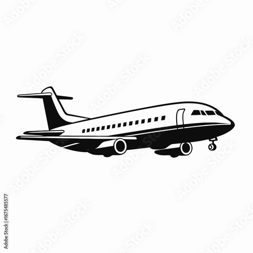 Sleek monochrome passenger airplane ready for flight, an artistic aircraft silhouette