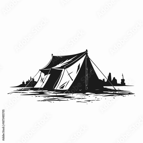 Striking outdoor camping tents with city landscape showing adventure travel silhouette