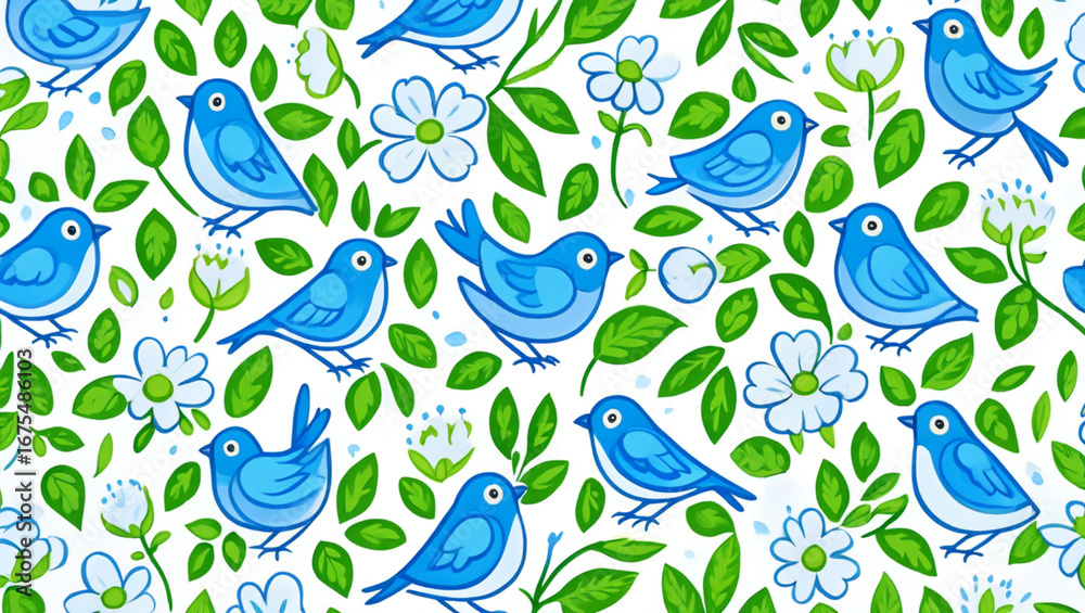 Fototapeta premium Cheerful Blue Birds and Flowers Seamless Pattern: Springtime Watercolor Illustration