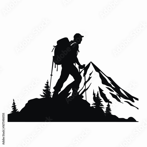 Solitary hiker ascending mountain, showcasing outdoor pursuit and adventure, a vector silhouette