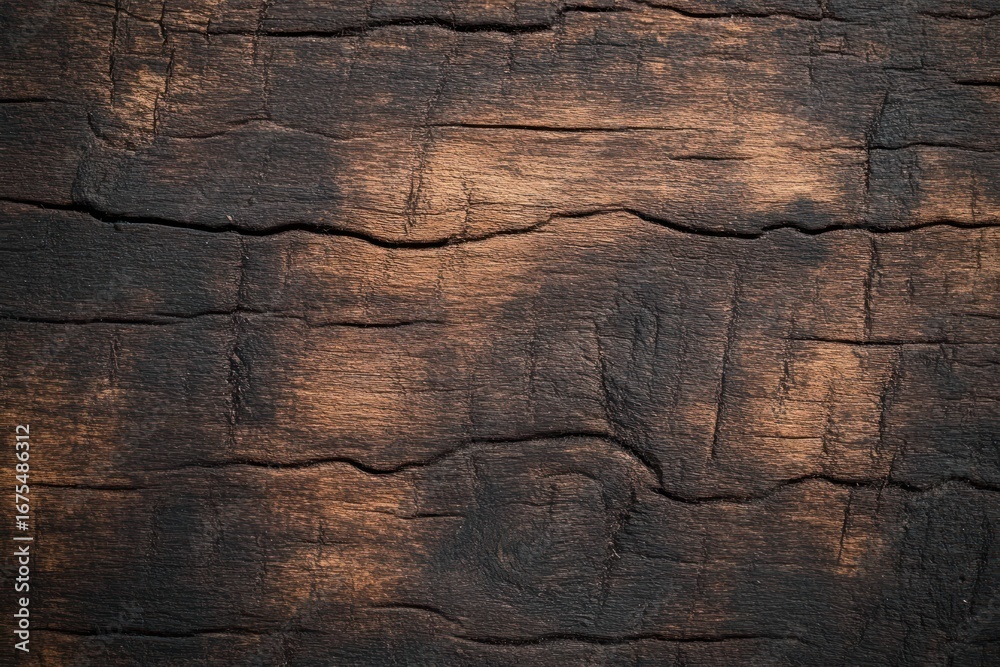 Obraz premium Close-up view of a textured charred wooden surface with cracks and burned patterns showing natural wood grain