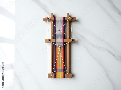 Top view of a small wooden frame loom with colorful striped threads for weaving a handmade tapestry on a white marble surface