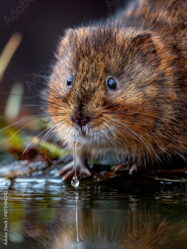 A European water vole is wet in this detailed picture
